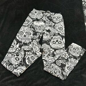 Sugar Skull Print Fur Lined thermal Leggings, XS